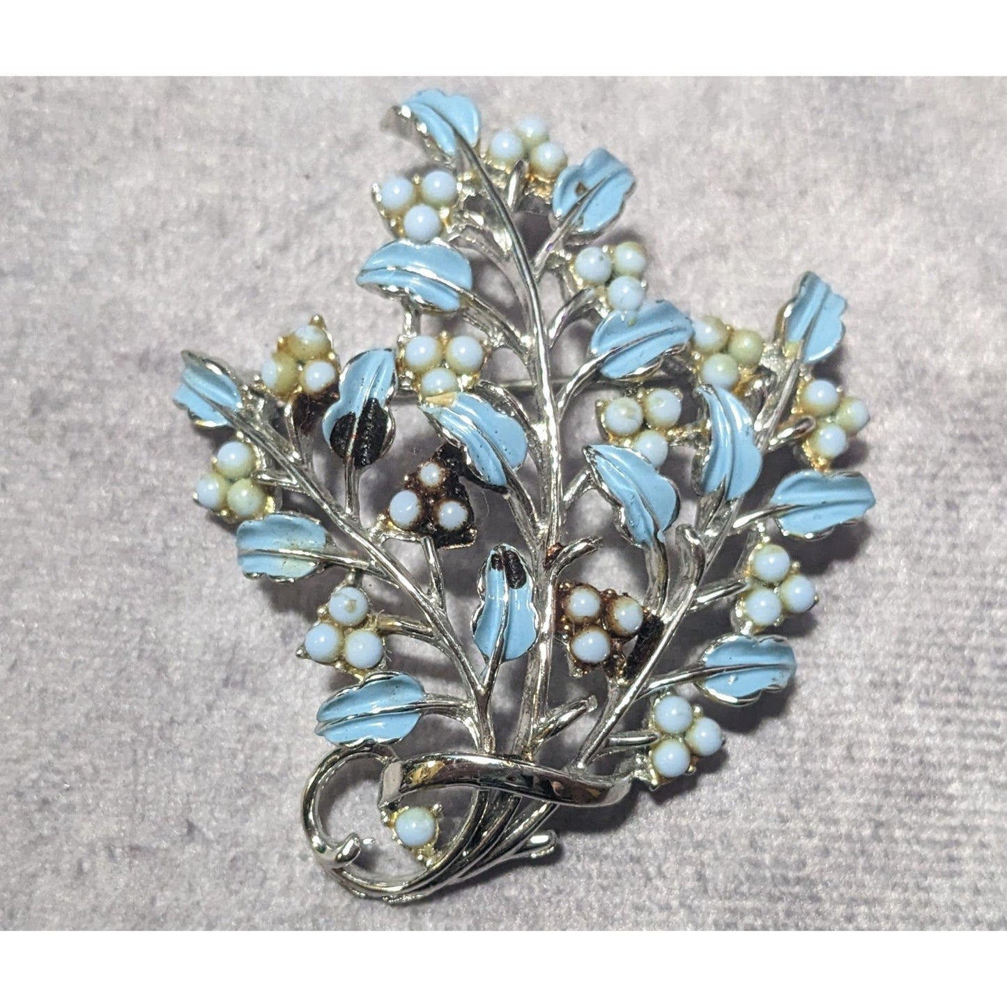 Vintage Floral Spray Blue And Silver Tone Brooch