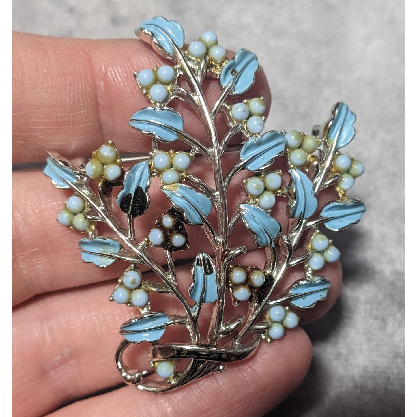 Vintage Floral Spray Blue And Silver Tone Brooch