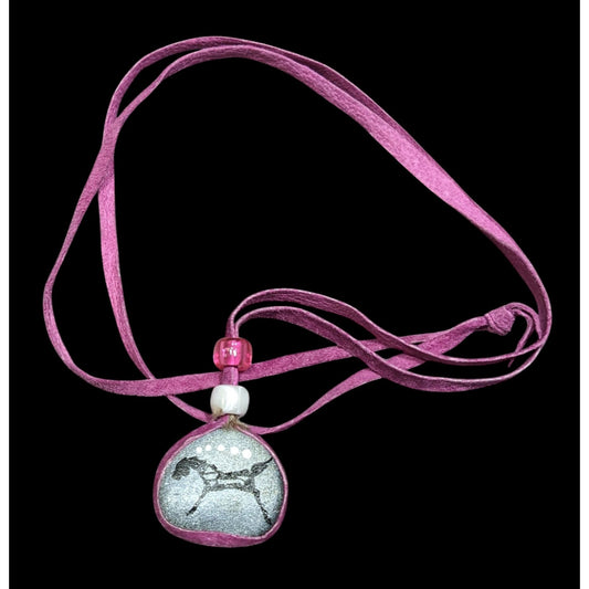 Native Hand Painted Mustang Rock Pendant Necklace With Purple Suede Cord