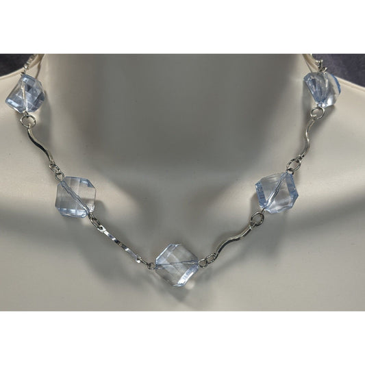Ice Princess Necklace With Light Blue Geometric Beads & Silver Tone Swirl Links