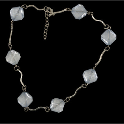 Ice Princess Necklace With Light Blue Geometric Beads & Silver Tone Swirl Links