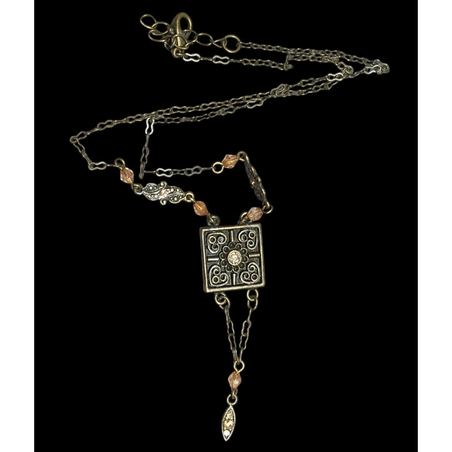 Vintage Floral Antiqued Gold Tone Necklace With Champagne Rhinestone Accents