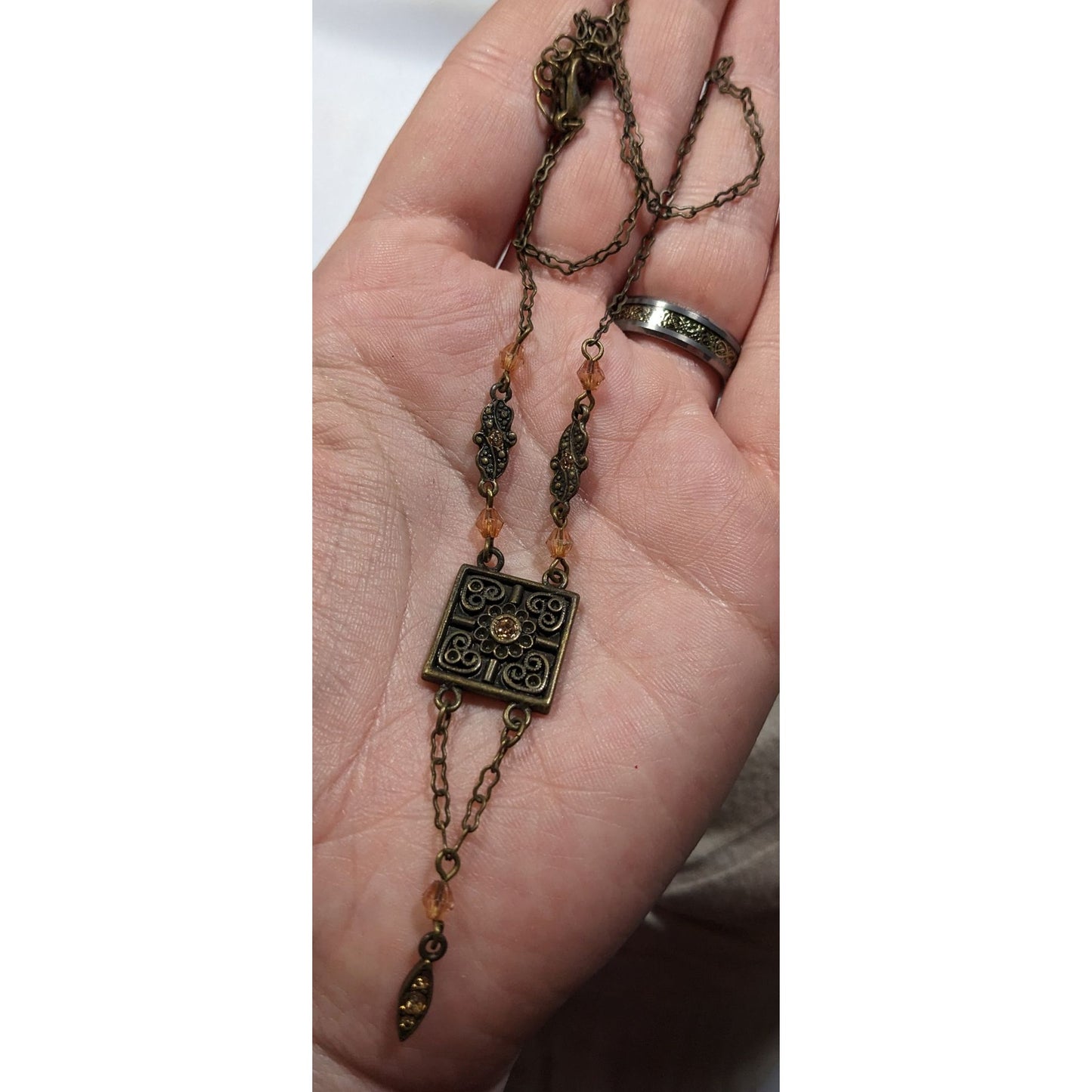 Vintage Floral Antiqued Gold Tone Necklace With Champagne Rhinestone Accents