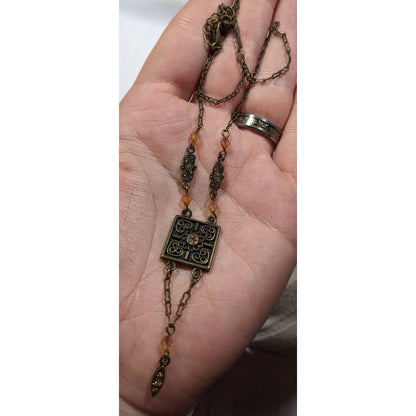 Vintage Floral Antiqued Gold Tone Necklace With Champagne Rhinestone Accents