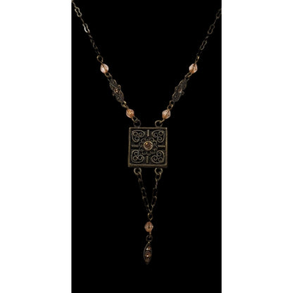 Vintage Floral Antiqued Gold Tone Necklace With Champagne Rhinestone Accents