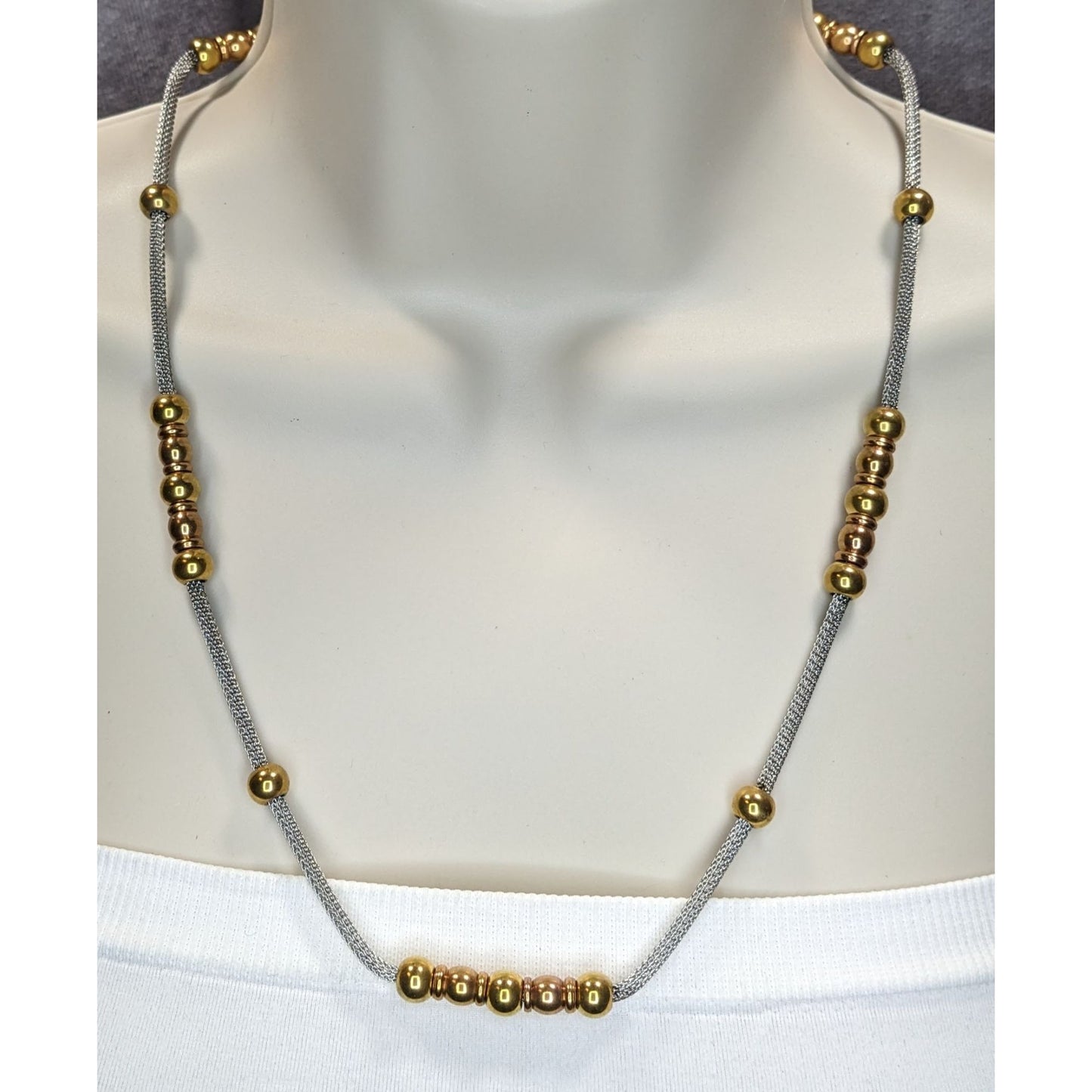 Beaded Station Mesh Chain Necklace Gold Silver Two Tone Modern Elegant Jewelry