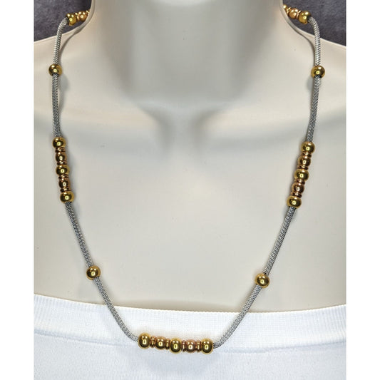 Beaded Station Mesh Chain Necklace Gold Silver Two Tone Modern Elegant Jewelry