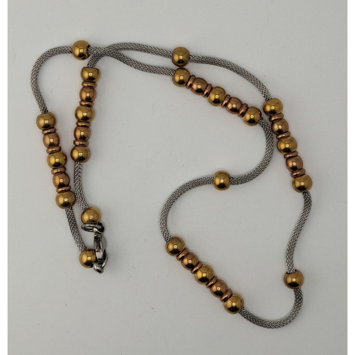 Beaded Station Mesh Chain Necklace Gold Silver Two Tone Modern Elegant Jewelry