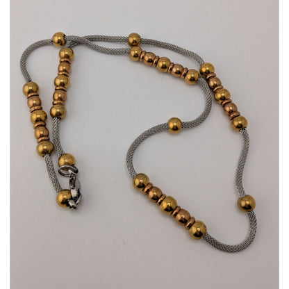 Beaded Station Mesh Chain Necklace Gold Silver Two Tone Modern Elegant Jewelry