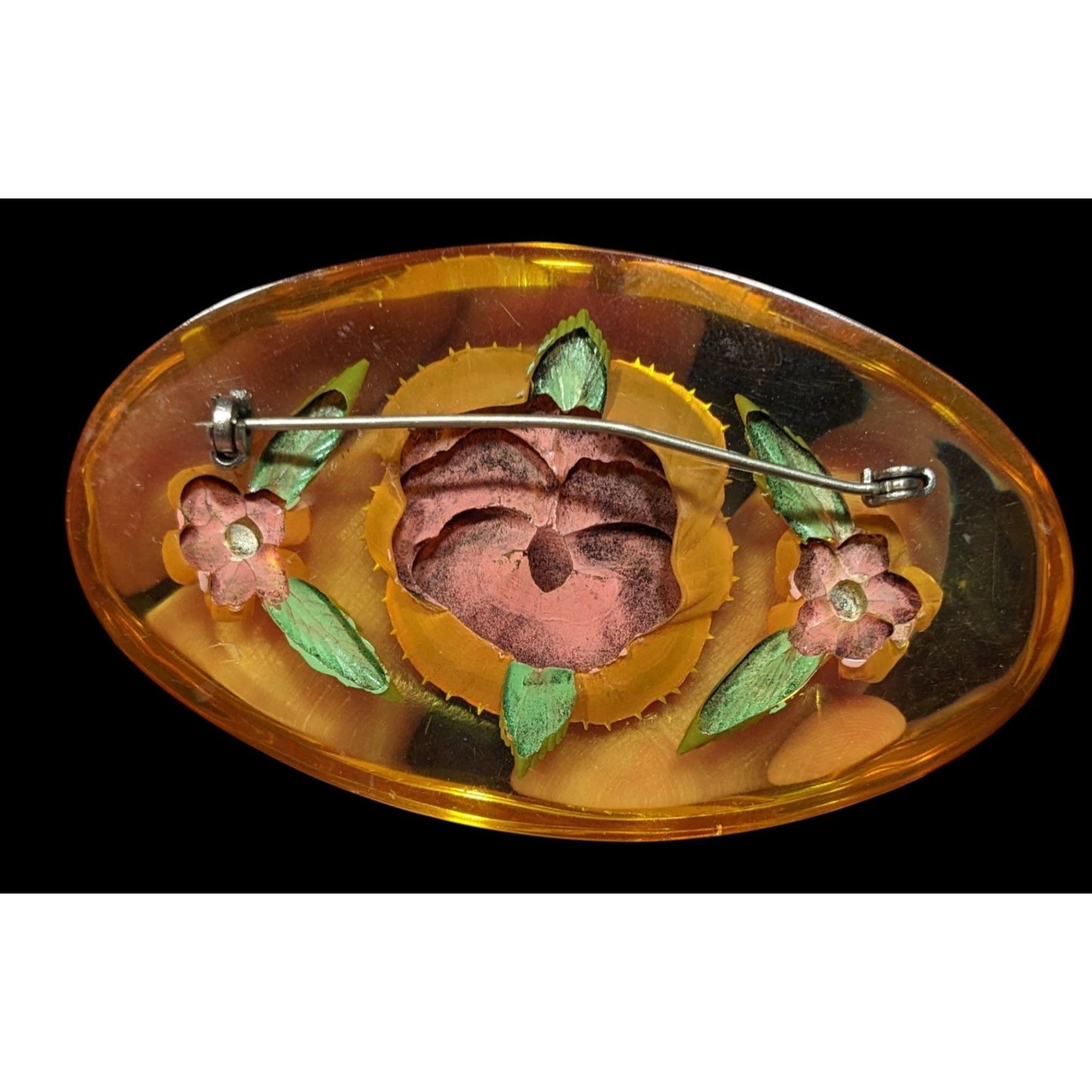 Vintage 1940s Floral Bakelite Reverse Carved Large Brooch