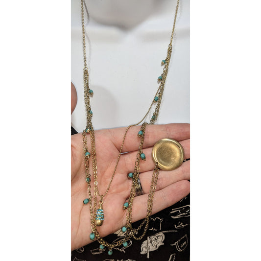 Boho Gold Tone Layered Turquoise Bead Rhinestone Medallion Necklace