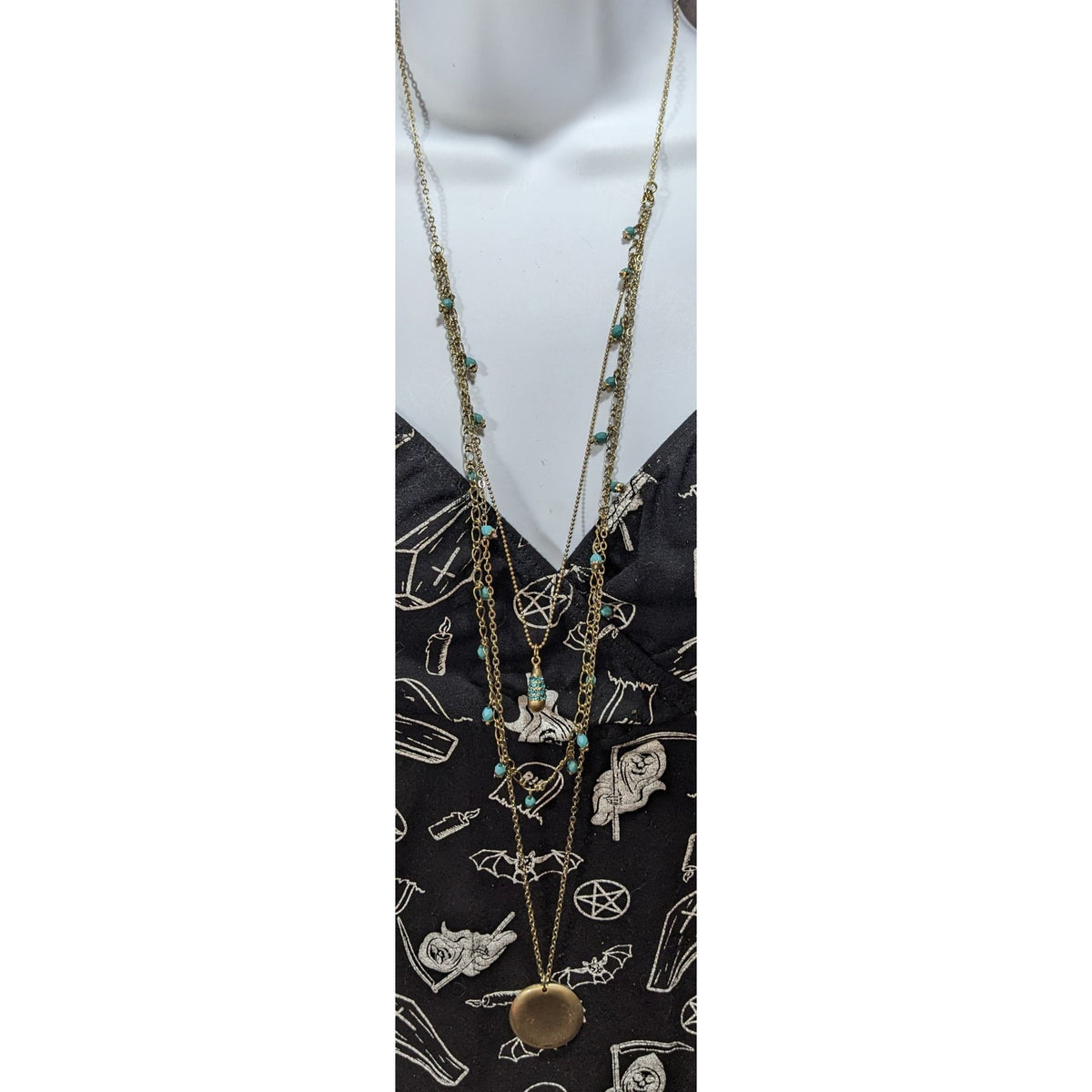 Boho Gold Tone Layered Turquoise Bead Rhinestone Medallion Necklace