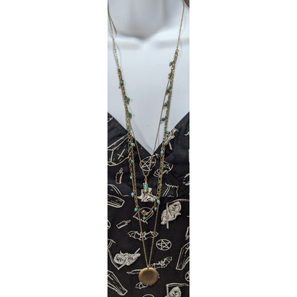 Boho Gold Tone Layered Turquoise Bead Rhinestone Medallion Necklace