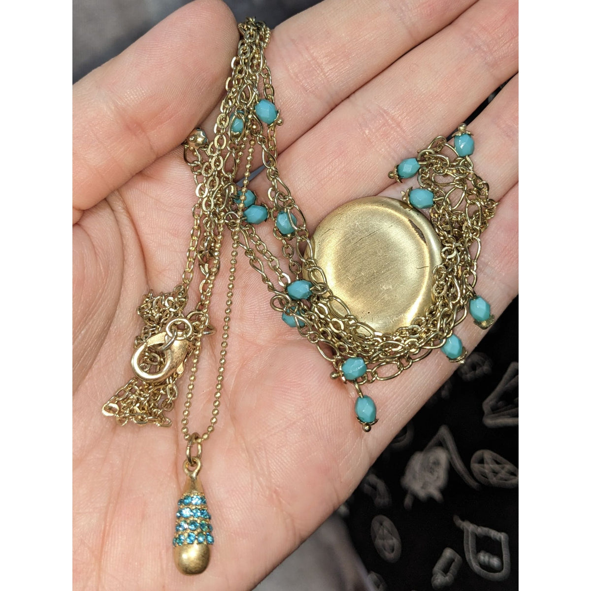 Boho Gold Tone Layered Turquoise Bead Rhinestone Medallion Necklace