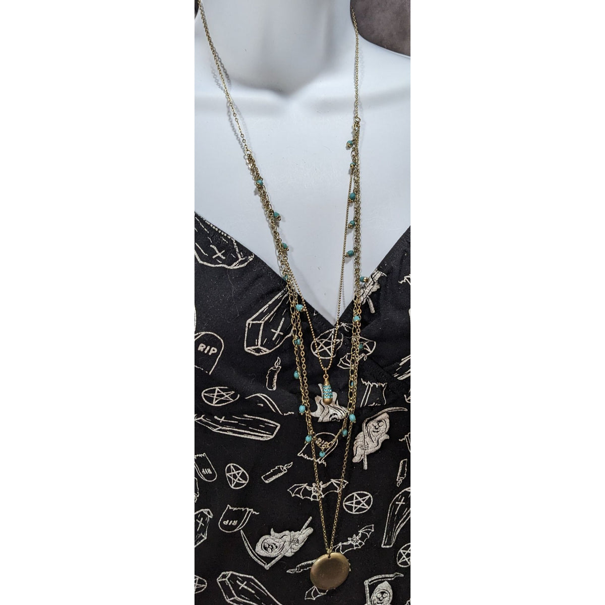 Boho Gold Tone Layered Turquoise Bead Rhinestone Medallion Necklace