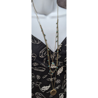 Boho Gold Tone Layered Turquoise Bead Rhinestone Medallion Necklace
