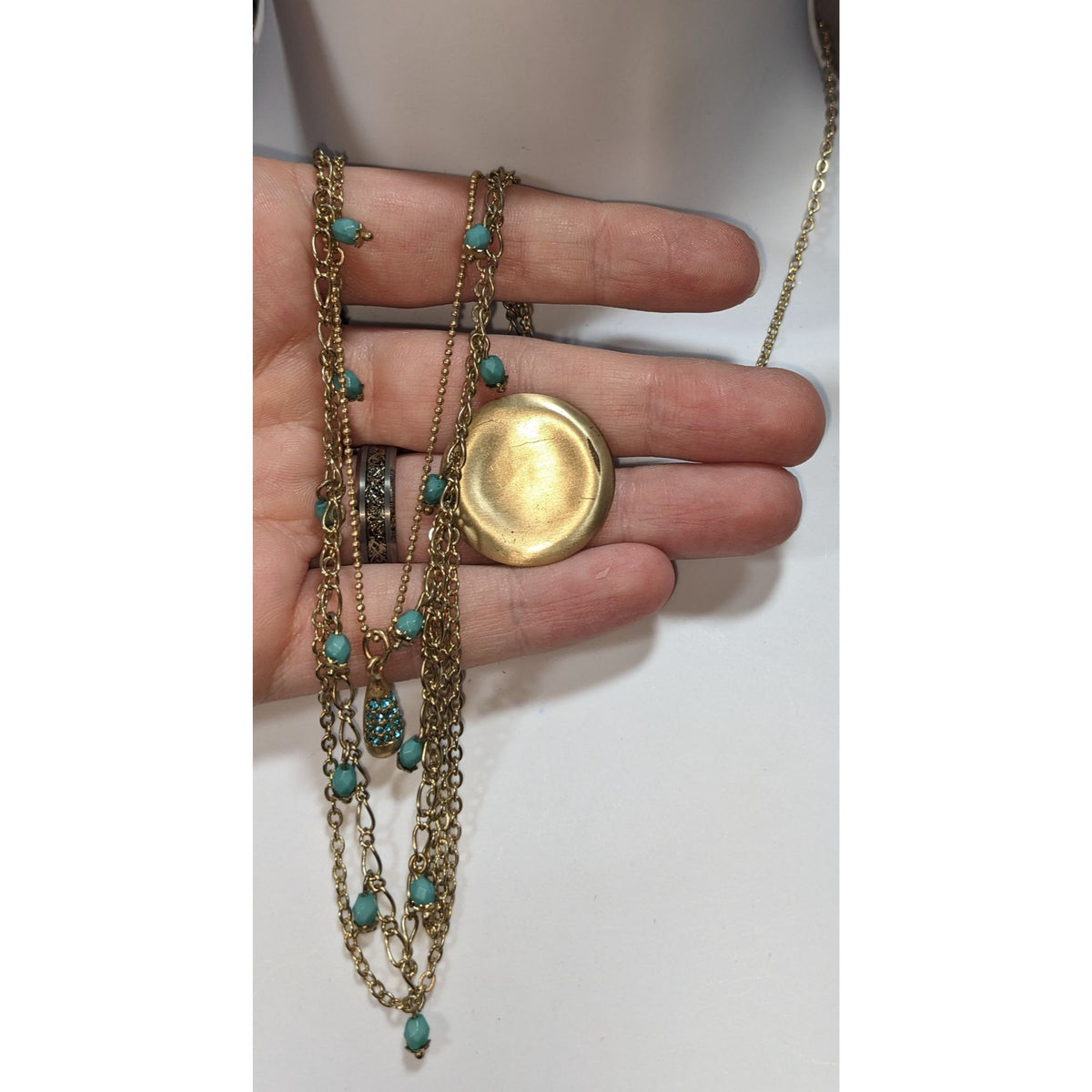 Boho Gold Tone Layered Turquoise Bead Rhinestone Medallion Necklace