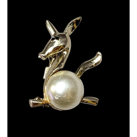 Vintage Gold Tone Stylized Faux Pearl Donkey Brooch