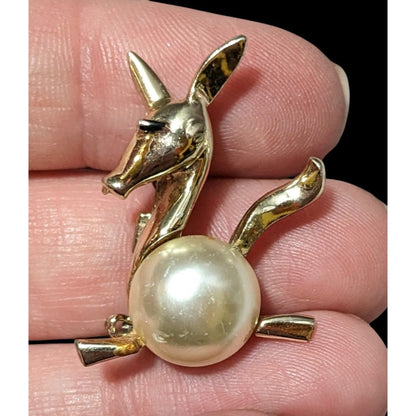 Vintage Gold Tone Stylized Faux Pearl Donkey Brooch