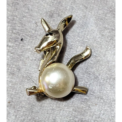 Vintage Gold Tone Stylized Faux Pearl Donkey Brooch