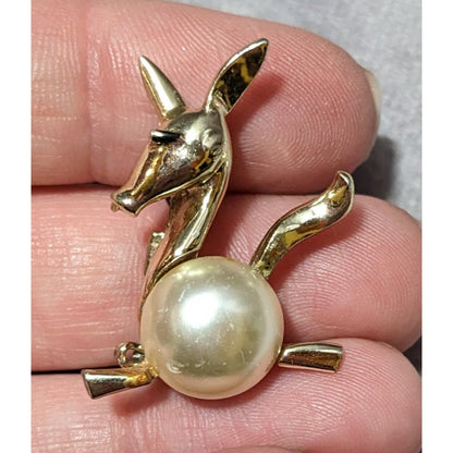Vintage Gold Tone Stylized Faux Pearl Donkey Brooch