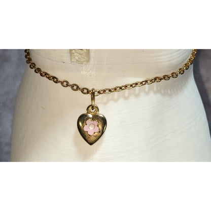 Coquette American Girl Heart Charm Bracelet Pink Flower Gold Tone Jewelry