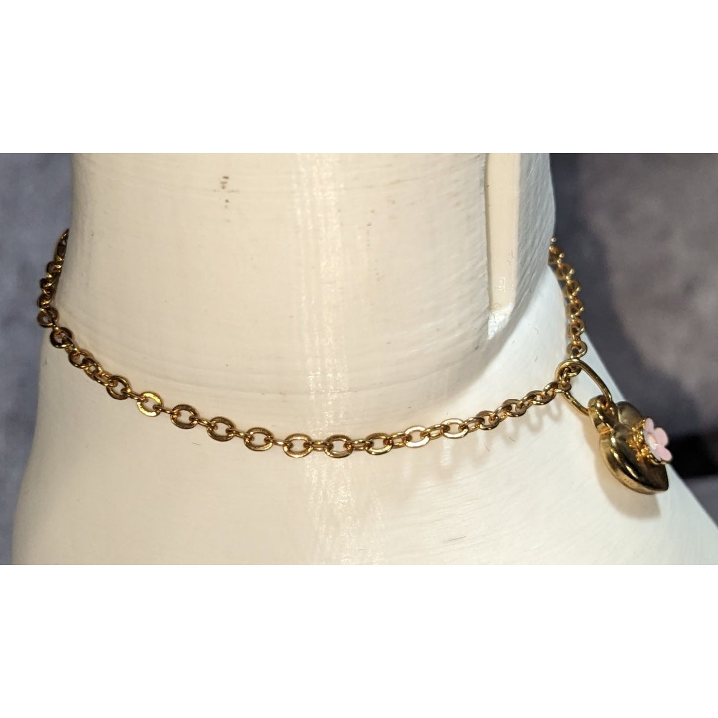 Coquette American Girl Heart Charm Bracelet Pink Flower Gold Tone Jewelry