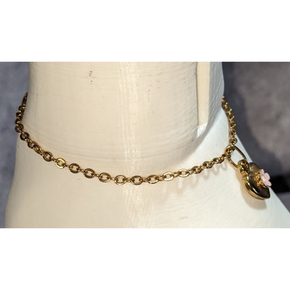 Coquette American Girl Heart Charm Bracelet Pink Flower Gold Tone Jewelry