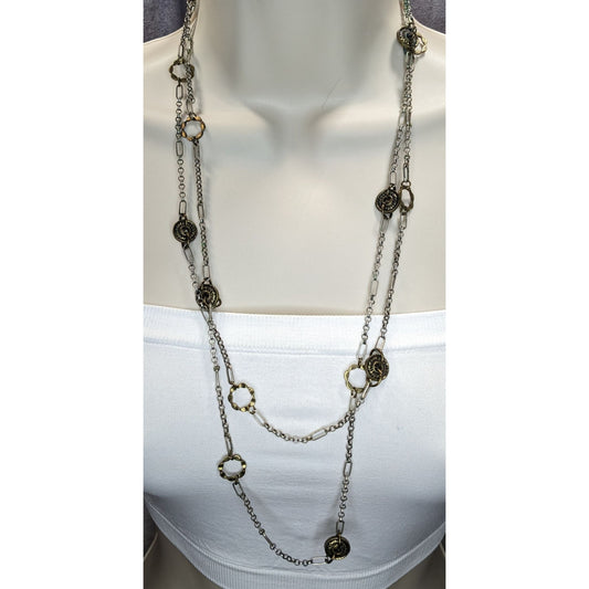 Vintage Charm Station Necklace Gold Silver Brutalist Mixed Metal Jewelry