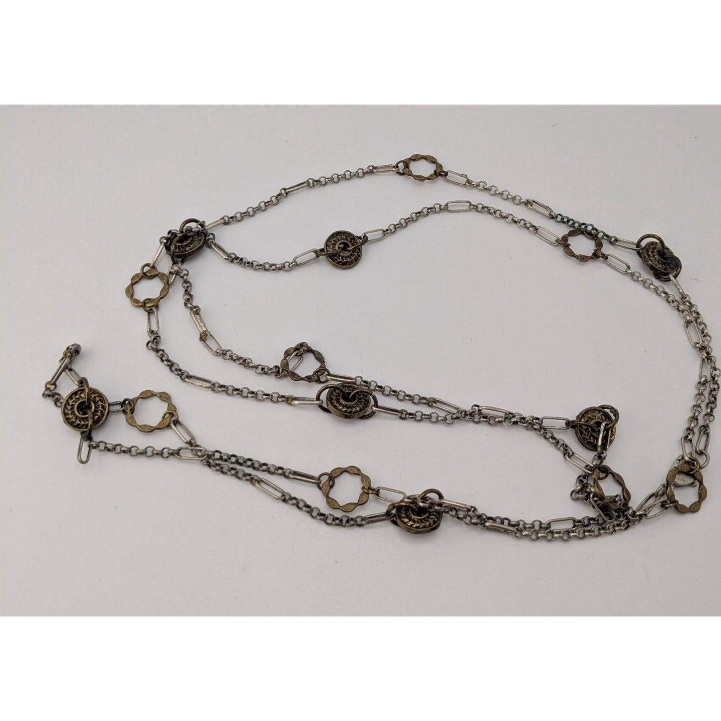 Vintage Charm Station Necklace Gold Silver Brutalist Mixed Metal Jewelry