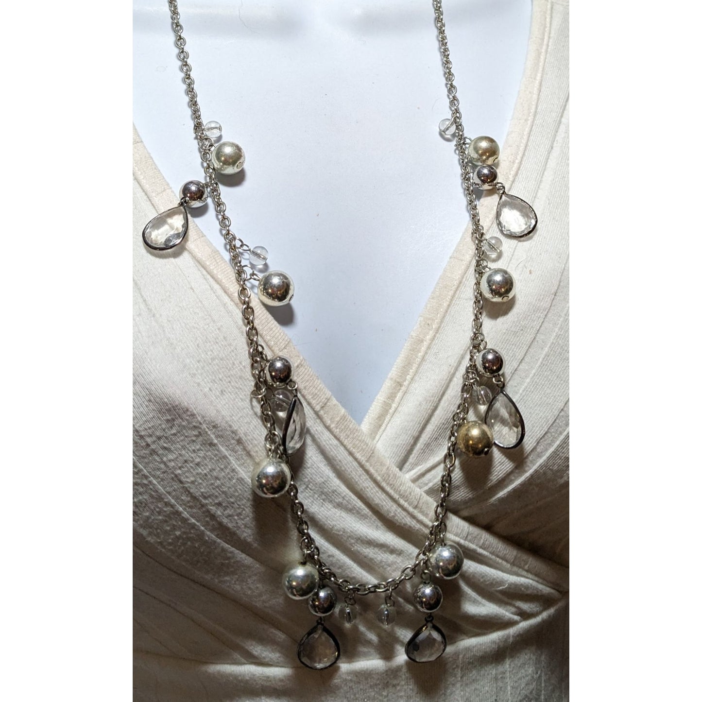 Silver Gemmed Teardrop Charm Necklace