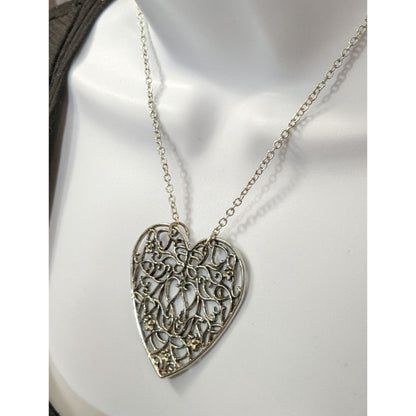 Silver Floral Filigree Heart Pendant Necklace