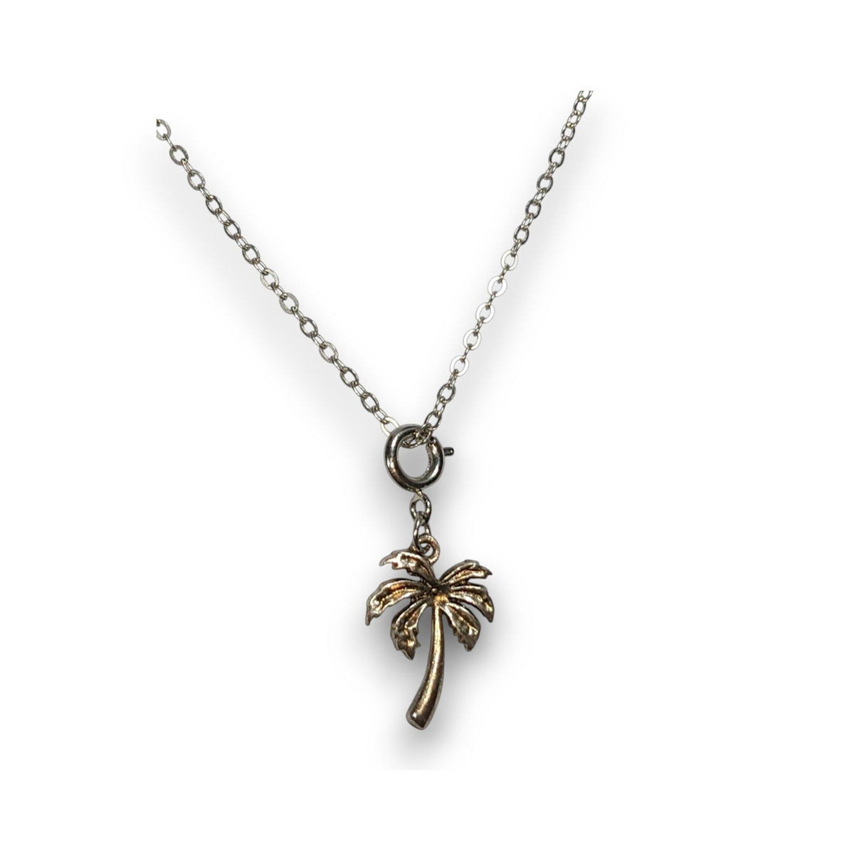 Coastal Tropical Silver Tone Palm Tree Charm Necklace 19 Inch