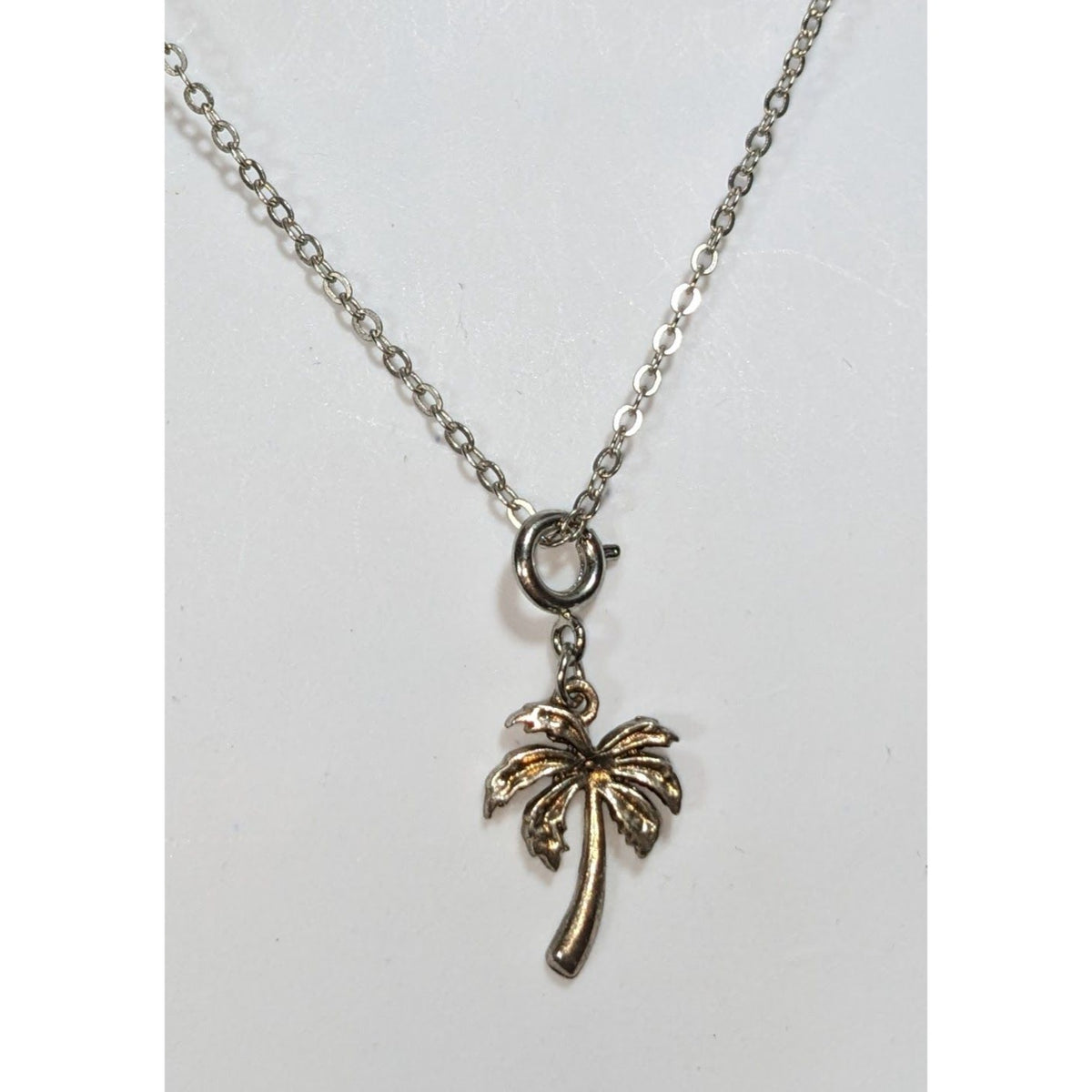 Coastal Tropical Silver Tone Palm Tree Charm Necklace 19 Inch