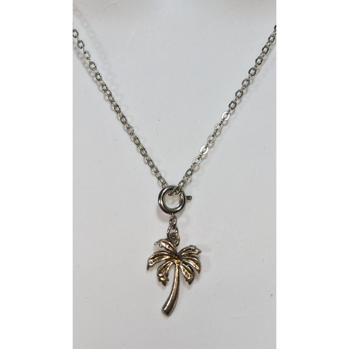 Coastal Tropical Silver Tone Palm Tree Charm Necklace 19 Inch