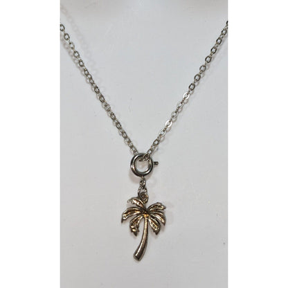 Coastal Tropical Silver Tone Palm Tree Charm Necklace 19 Inch