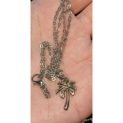 Coastal Tropical Silver Tone Palm Tree Charm Necklace 19 Inch