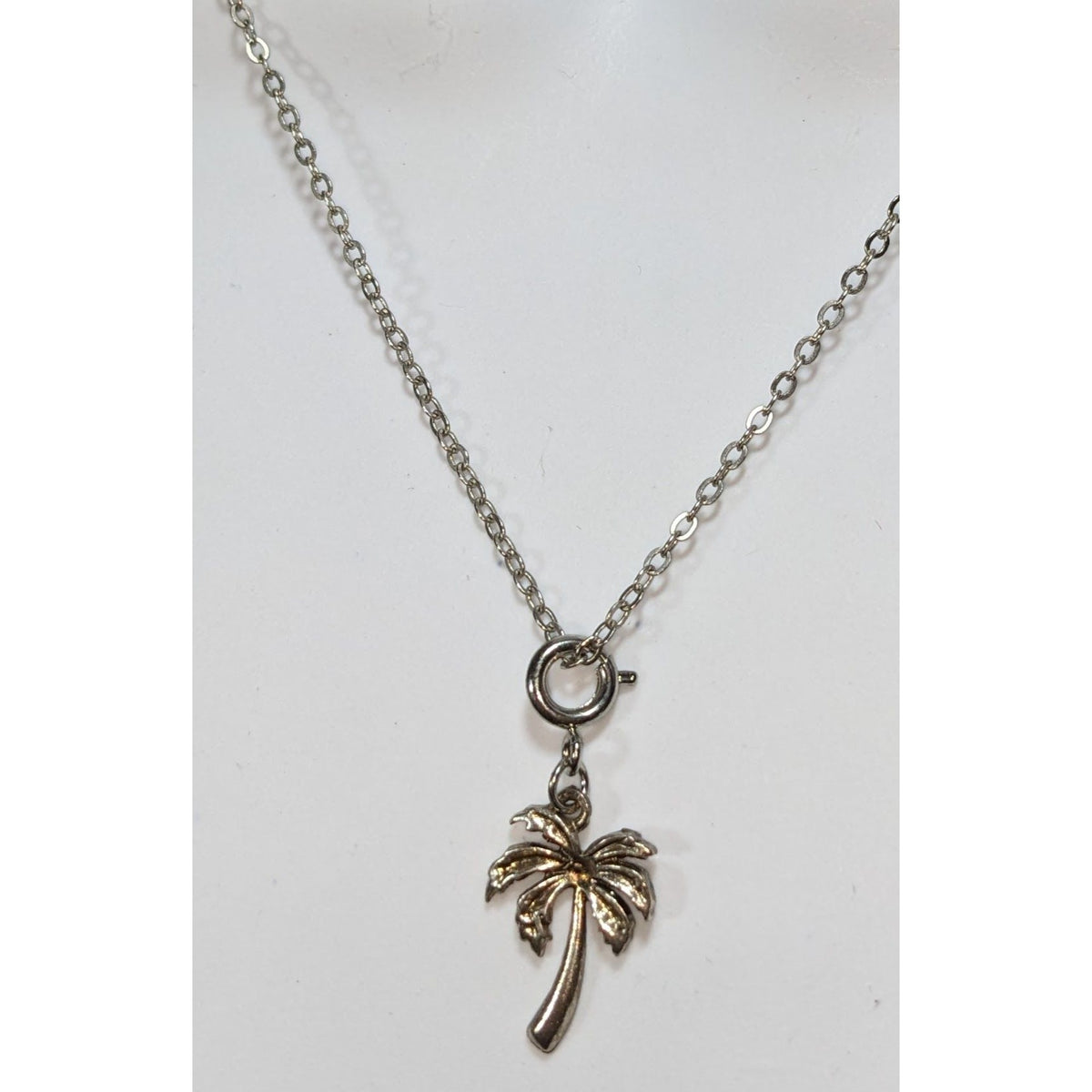 Coastal Tropical Silver Tone Palm Tree Charm Necklace 19 Inch