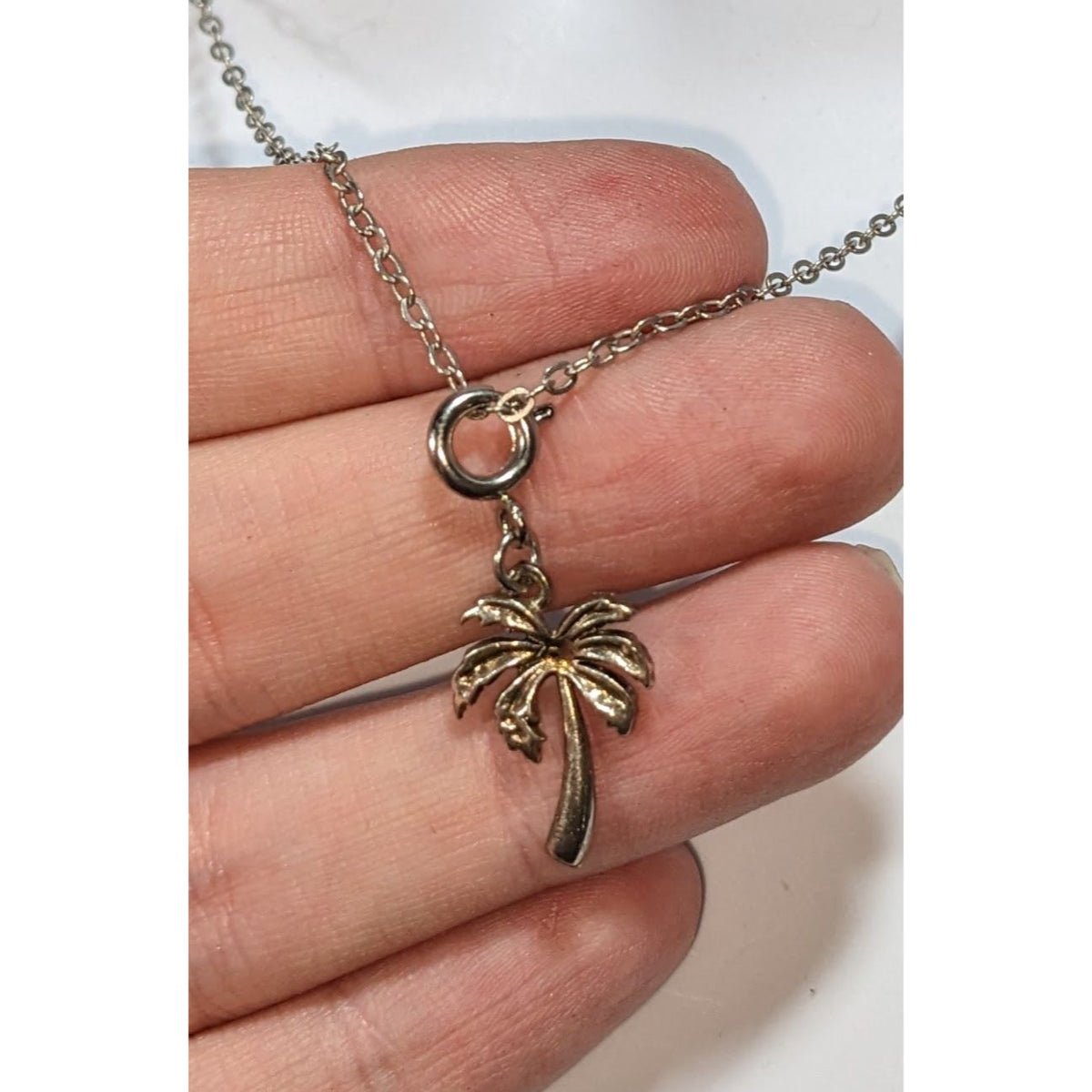 Coastal Tropical Silver Tone Palm Tree Charm Necklace 19 Inch