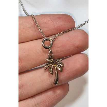 Coastal Tropical Silver Tone Palm Tree Charm Necklace 19 Inch