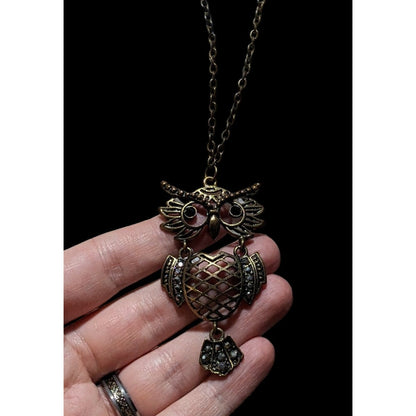 Vintage Brass Owl Pendant Necklace With Rhinestones