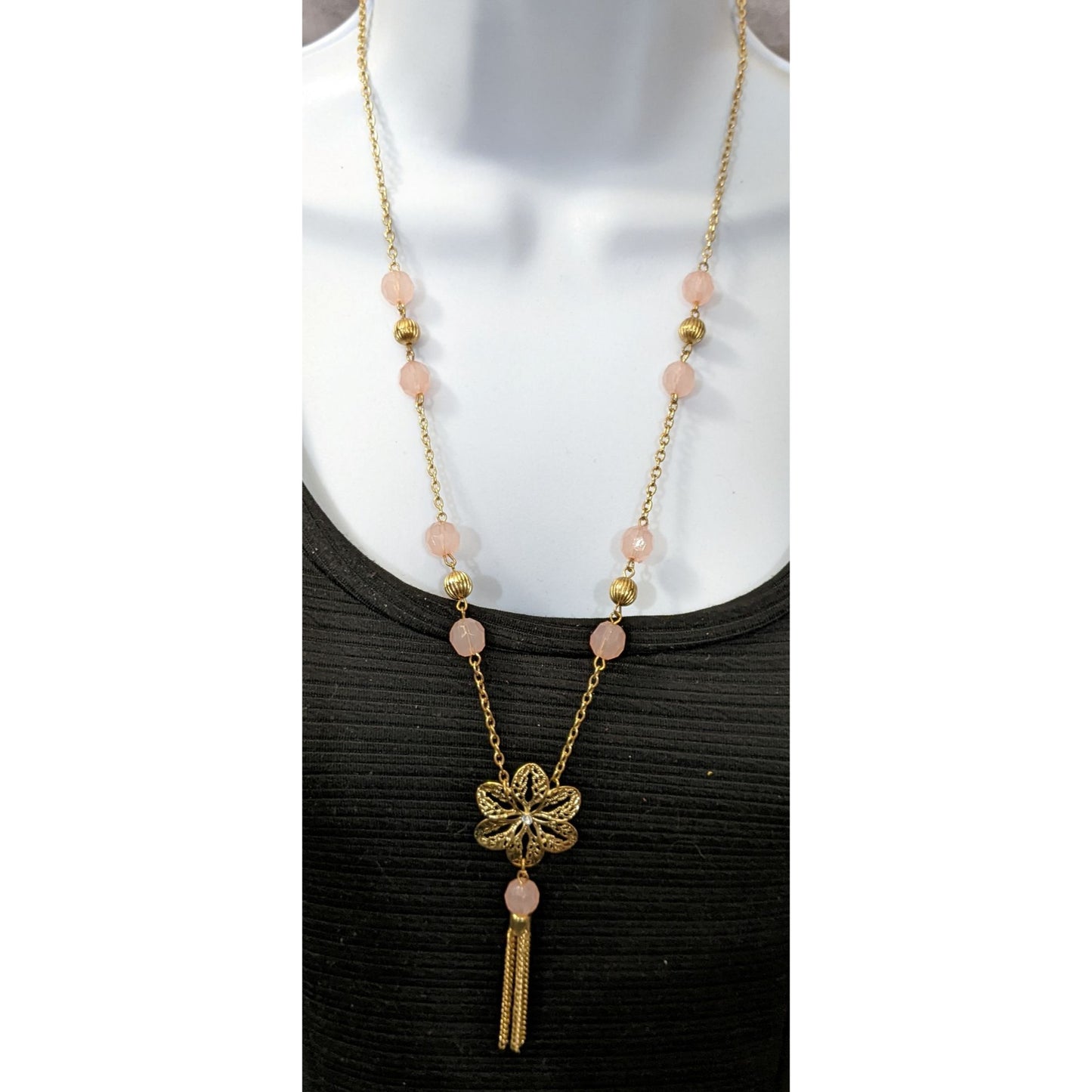 Pink And Gold Filigree Flower Tassel Necklace