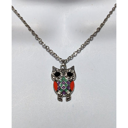 Rainbow Enamel Rhinestone Owl Pendant Necklace