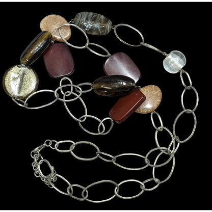 Chunky Retro Earth Tone Long Silver-Tone Chain Necklace With Multicolor Glass And Wood