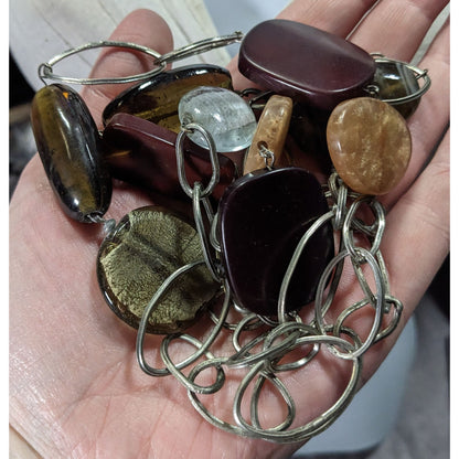 Chunky Retro Earth Tone Long Silver-Tone Chain Necklace With Multicolor Glass And Wood