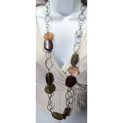 Chunky Retro Earth Tone Long Silver-Tone Chain Necklace With Multicolor Glass And Wood