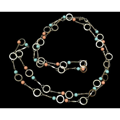 Retro Hoop Link Pink And Blue Beaded Necklace