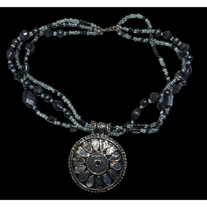 Black And Grey Multilayer Beaded Floral Medallion Pendant Necklace