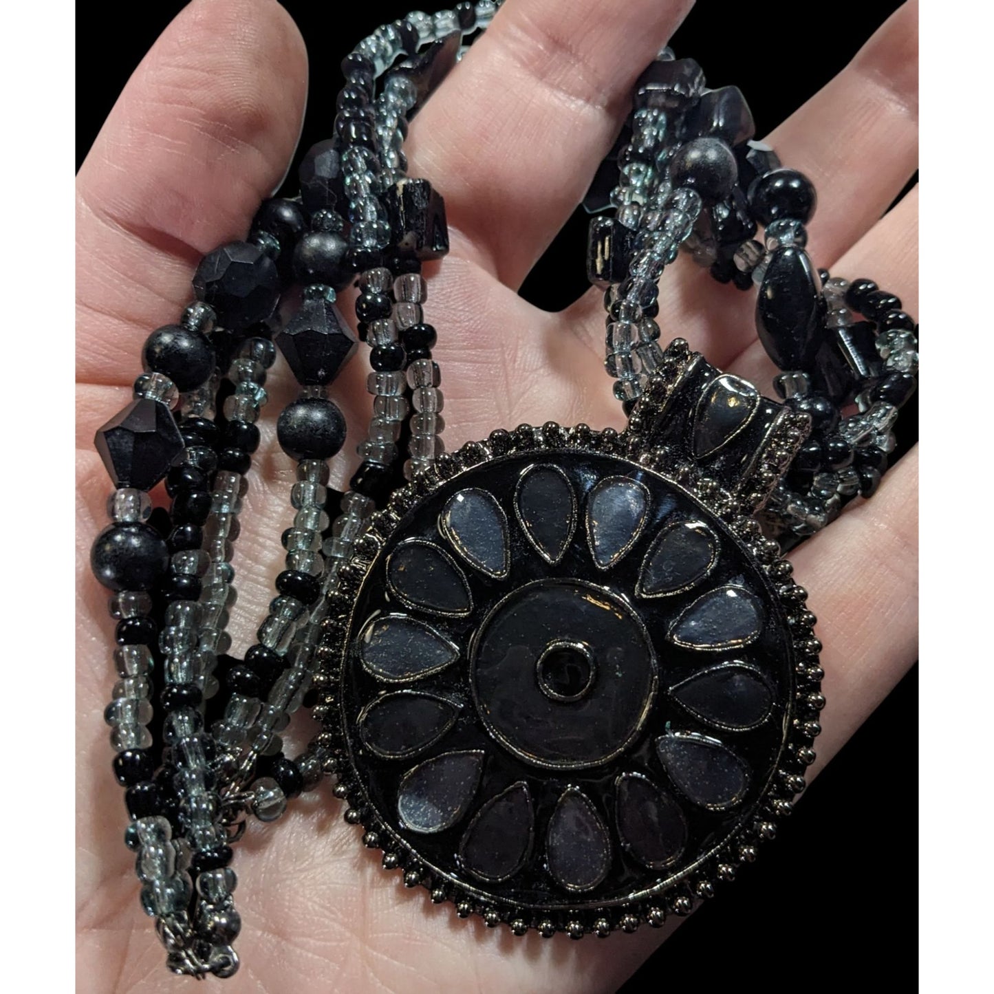 Black And Grey Multilayer Beaded Floral Medallion Pendant Necklace