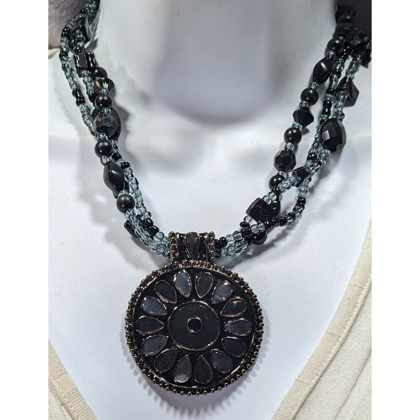 Black And Grey Multilayer Beaded Floral Medallion Pendant Necklace